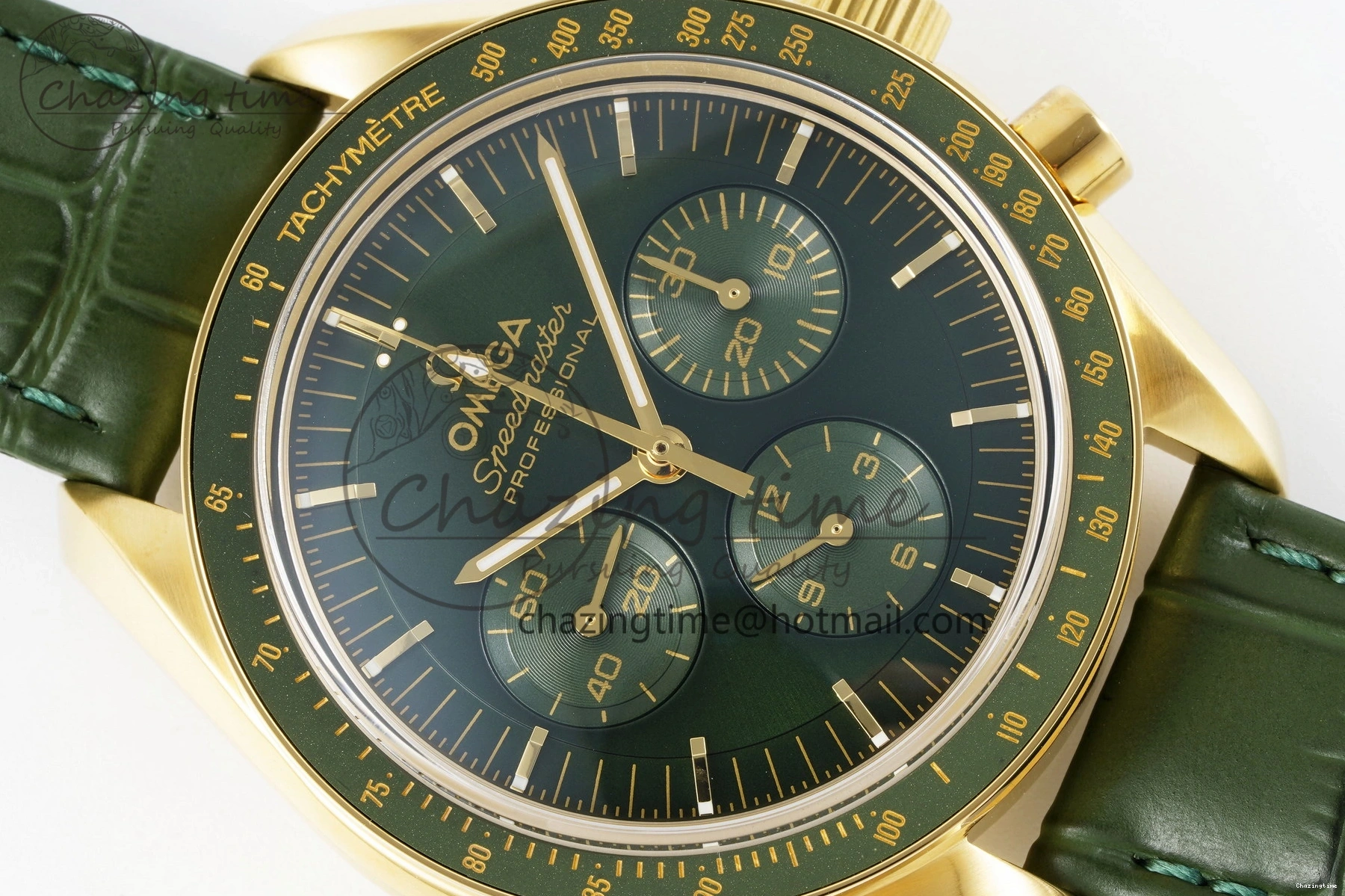 0205 Speedmaster Moonwatch in Moonshine Gold YG RMF Best Edition Green Dial on Green Leather Strap Manual Chrono EasyCare 7832